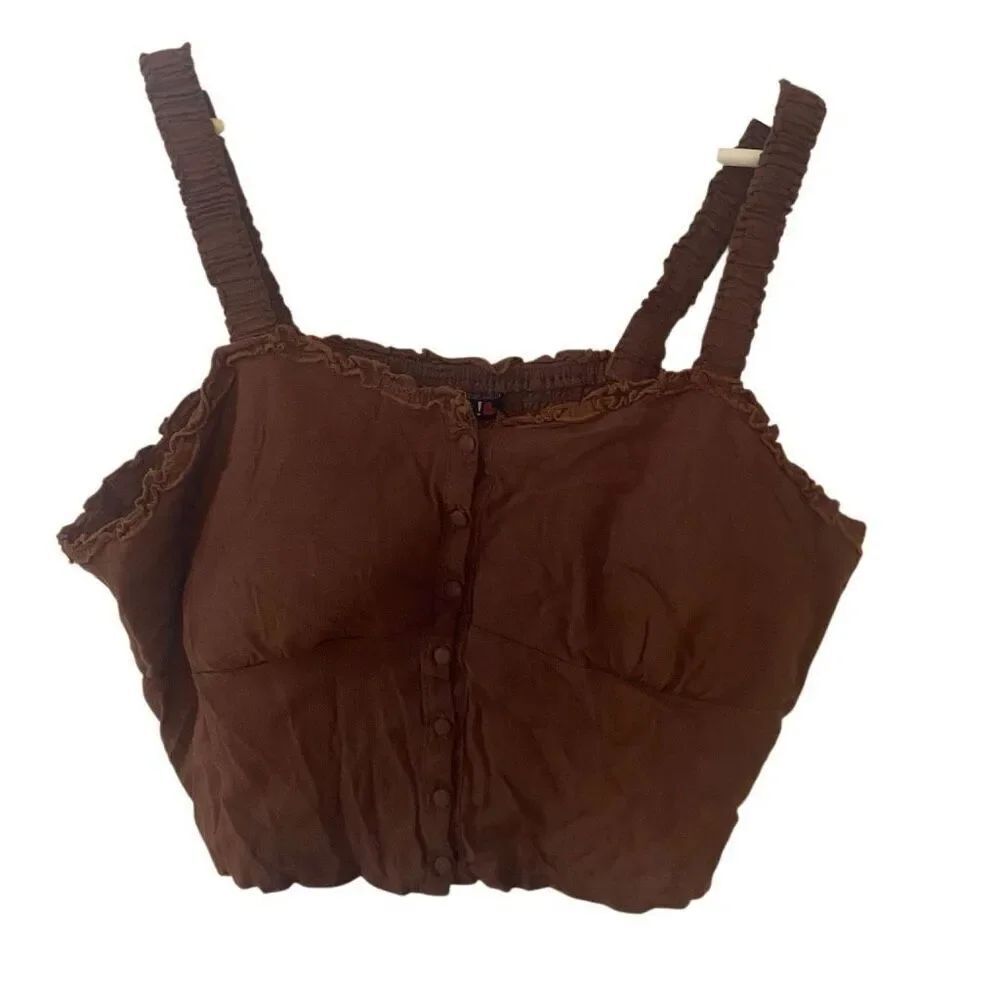 Oppa! plus sizeโ3xl cropped linen blend sleeveless button up brown blouse